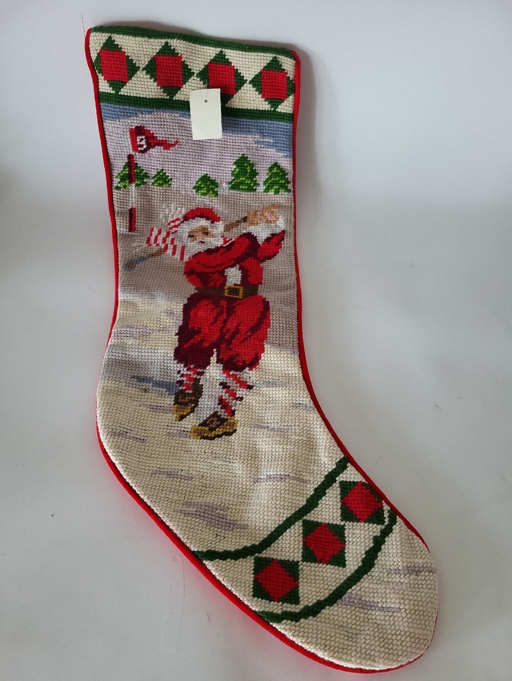 Vintage Needlepoint Christmas Stocking Velvet Back
